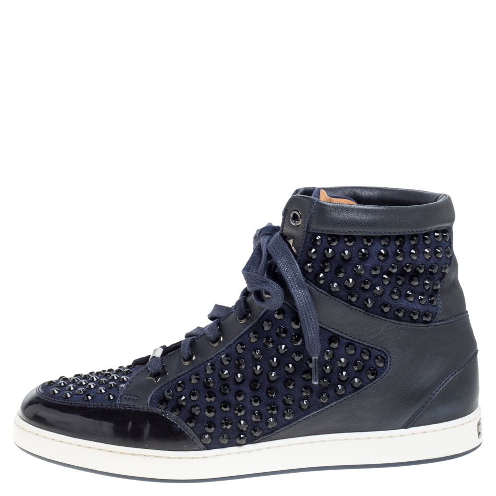 

Jimmy Choo Blue/Black Leather and Suede Studded High Top Sneakers Size