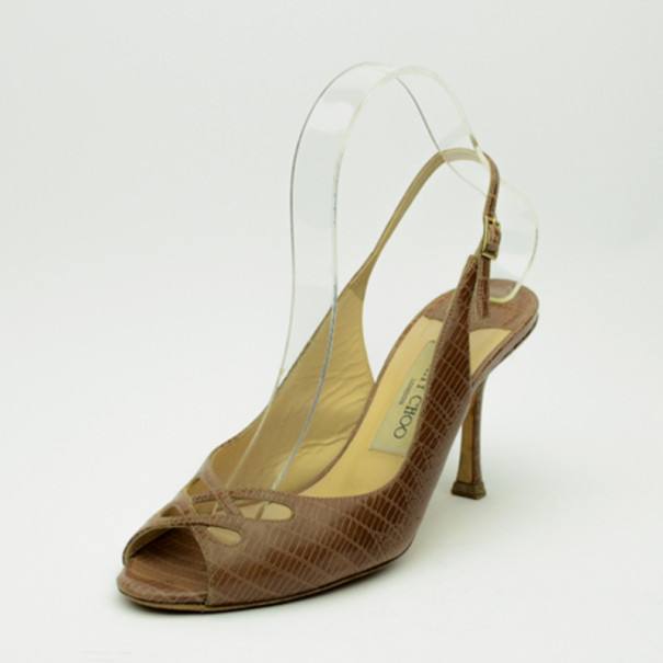 مملوكة مسبقًا Jimmy Choo Brown Watersnake Open Toe Slingback Sandals Size 37.5