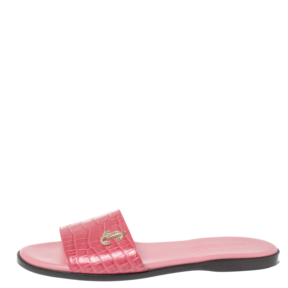 

Jimmy Choo Pink Croc Embossed Leather Minea Slide Sandals Size