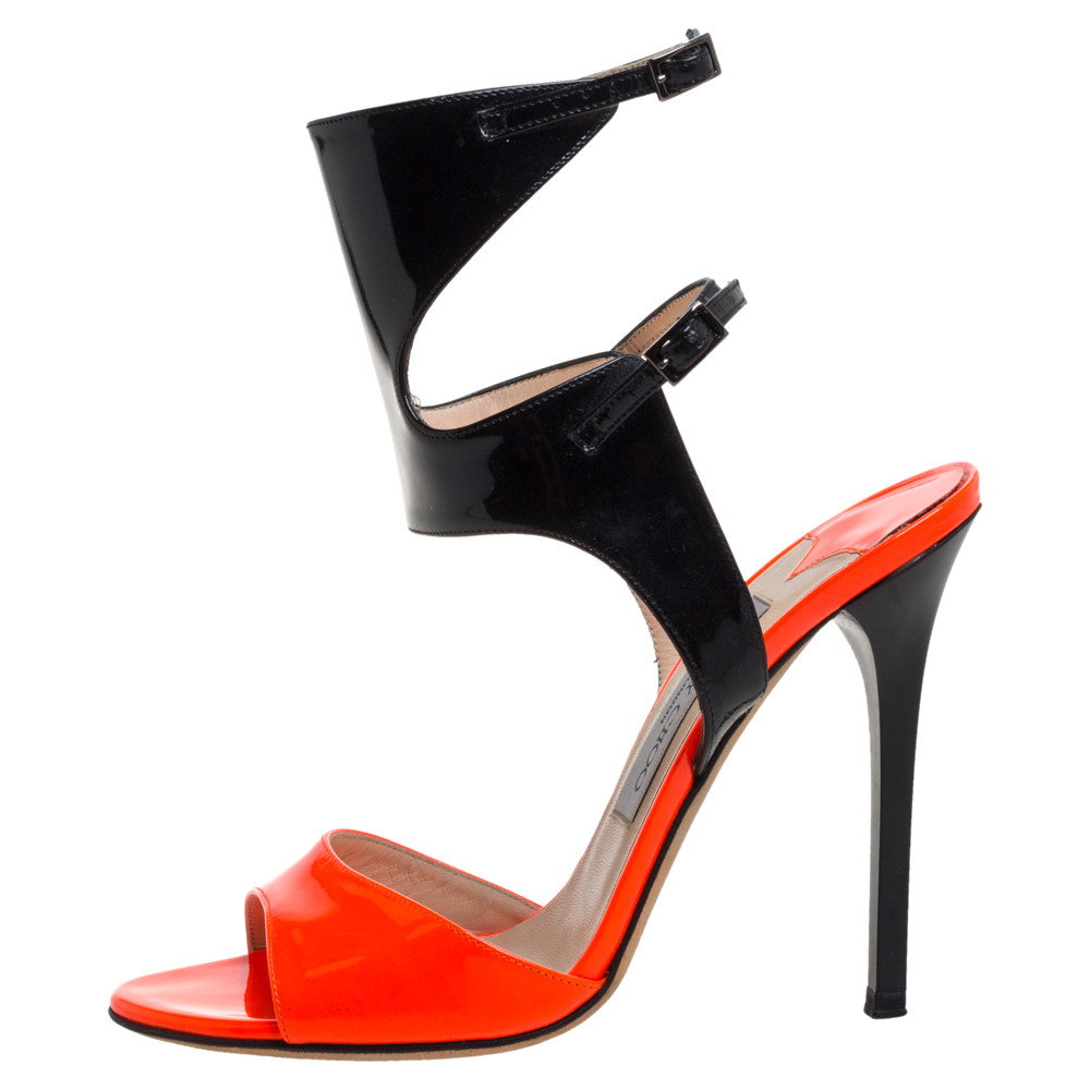 

Jimmy Choo Neon Orange And Black Patent Leather Loop Ankle Cuff Open Toe Sandals Size