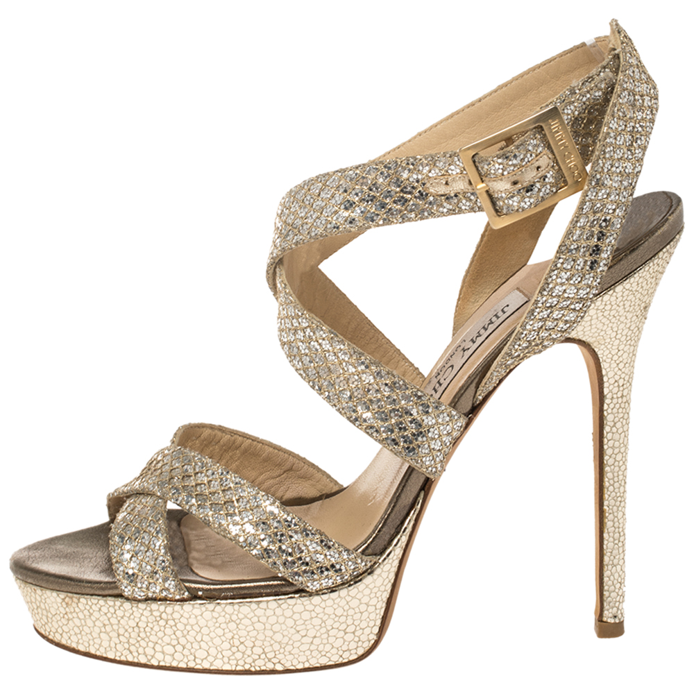 

Jimmy Choo Gold/Silver Glitter Vamp Strappy Platform Sandals Size