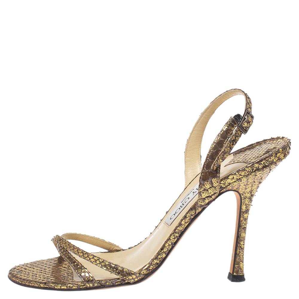 

Jimmy Choo Gold Python Leather Slingback Open Toe Sandals Size 38