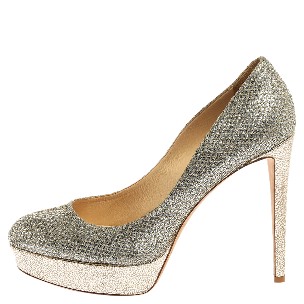 

Jimmy Choo Silver Glitter Alex Platform Pumps Size