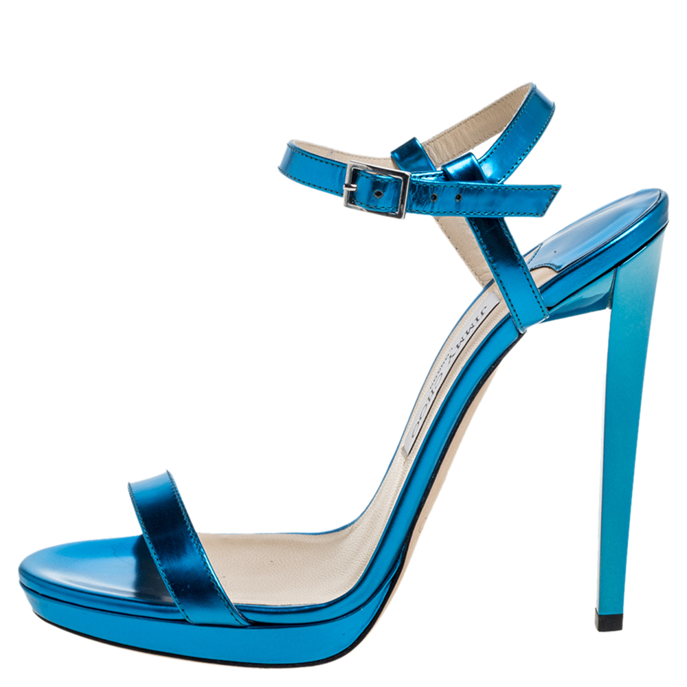 

Jimmy Choo Metallic Blue Leather Claudette Ankle Strap Platform Sandals Size