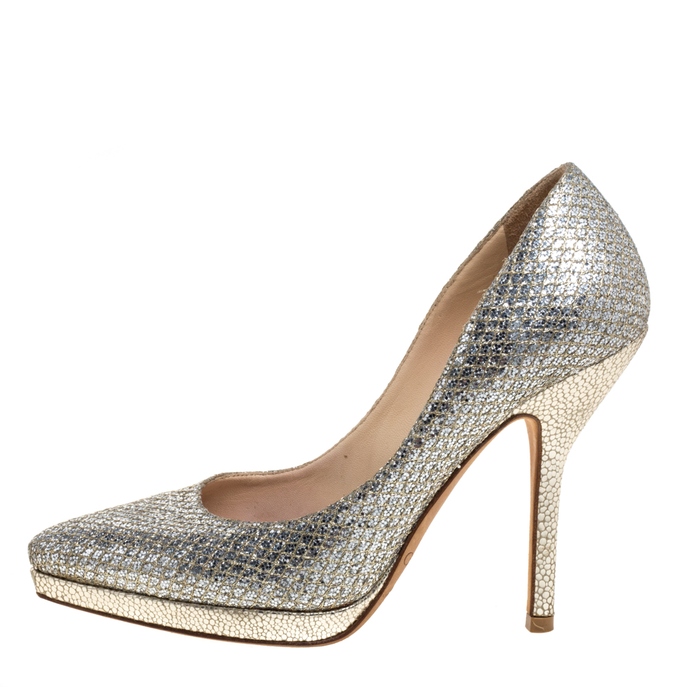 

Jimmy Choo Silver Glitter Fabric And Lizard Embossed Leather Hope Platform Pumps Size