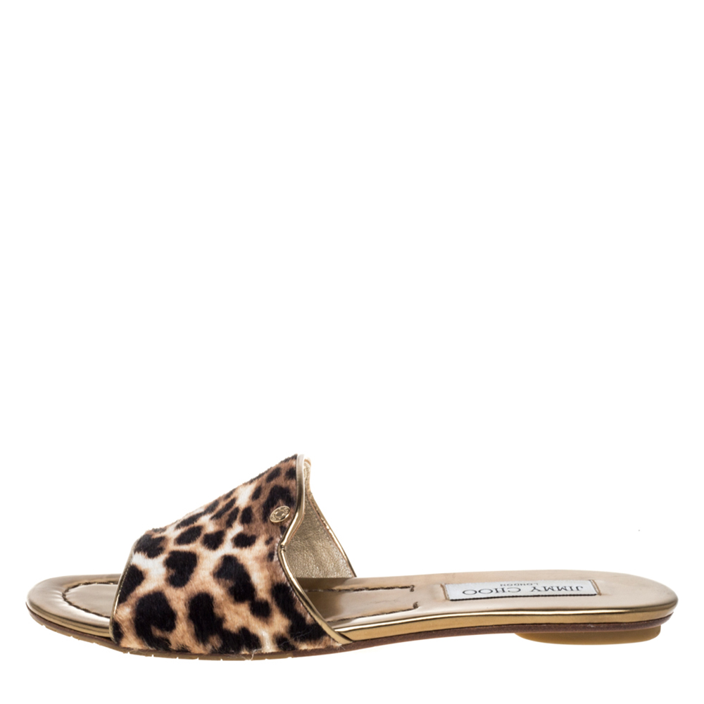 

Jimmy Choo Brown Leopard Print Pony Hair Nanda Flat Slides Size