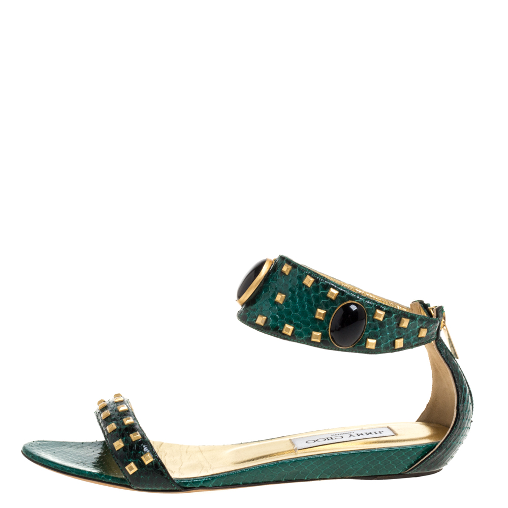 

Jimmy Choo Green Python Leather Studded Pearl Embellished Ankle Cuff Flat Sandals Size