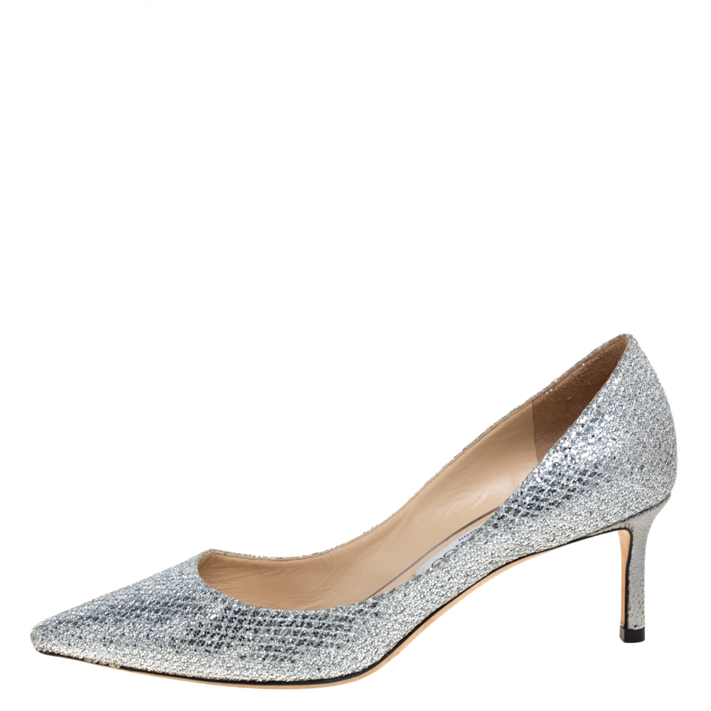 

Jimmy Choo Silver Glitter Romy Pumps Size