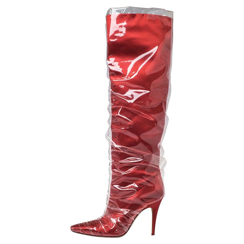 

Jimmy Choo C/O Off-White Red Satin And PVC Elisabeth Knee Length Pointed Toe Boots Size