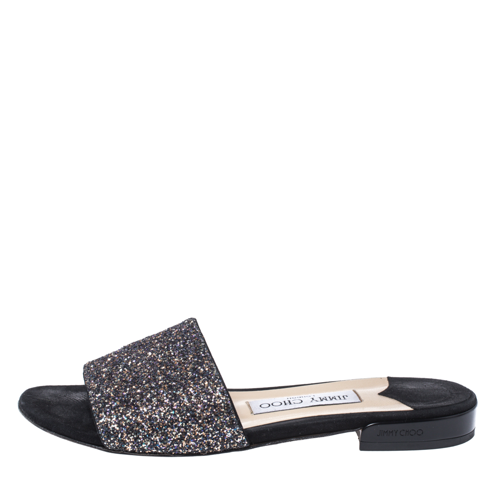 

Jimmy Choo Black Twilight Glitter Fabric Joni Slide Flats Size