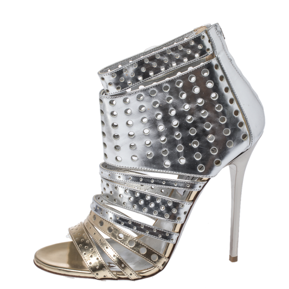 

Jimmy Choo Silver Foil Leather Malika Perforated Sandals Size