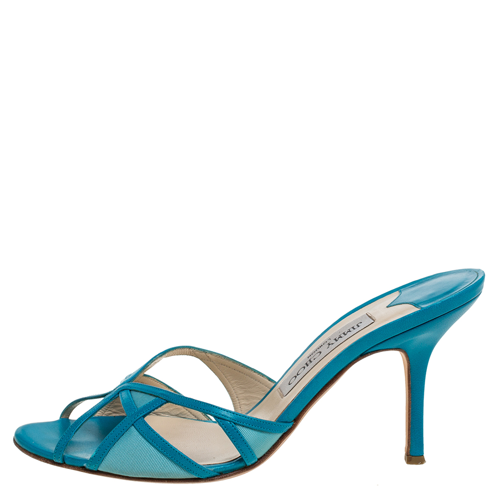 

Jimmy Choo Blue Leather And Fabric Cut Out Slide Sandals Size