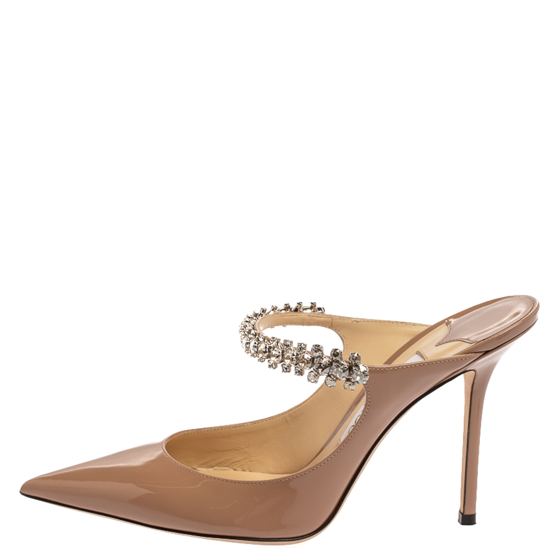 

Jimmy Choo Beige Patent Leather Bing 65 Crystal Embellished Pointed Toe Mule Sandals Size