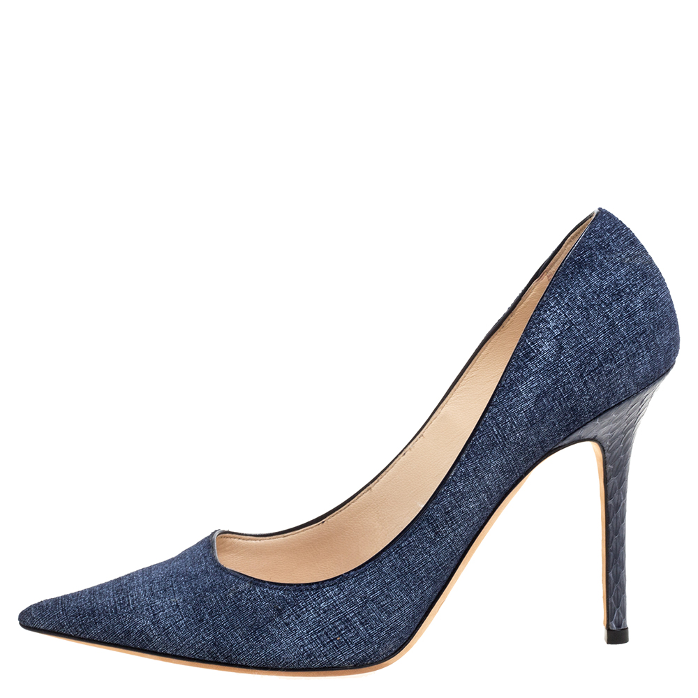 

Jimmy Choo Blue Denim and Snakeskin Romy Pumps Size