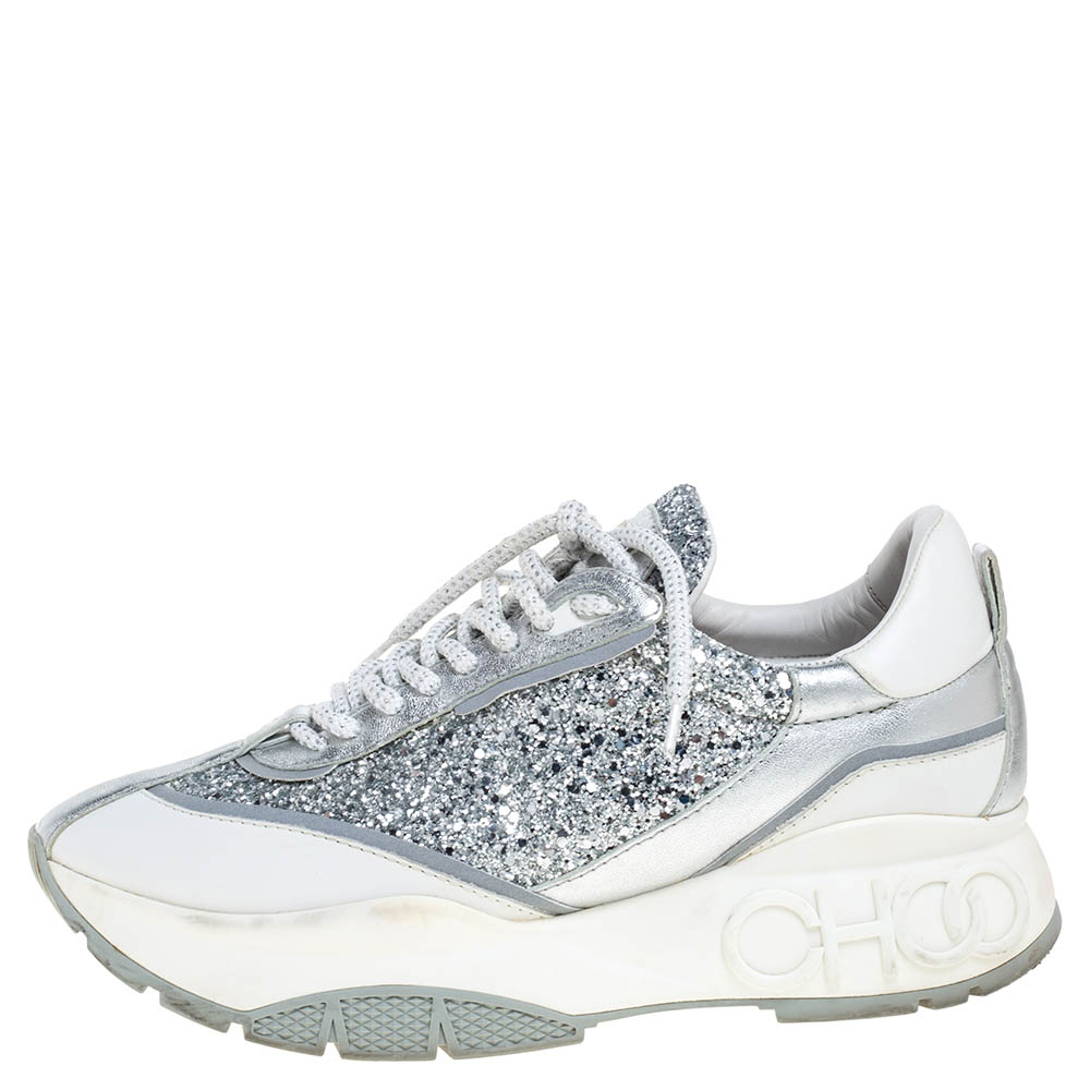 

Jimmy Choo White/Silver Leather And Glitter Raine Low Top Sneakers Size