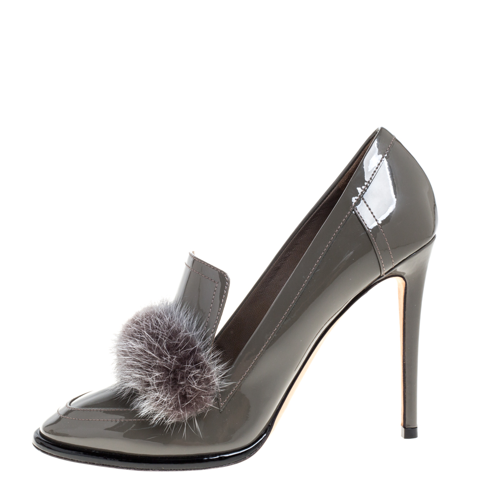 

Jimmy Choo Grey Patent Leather And Mink Fur Trim Lyza Loafer Pump Size