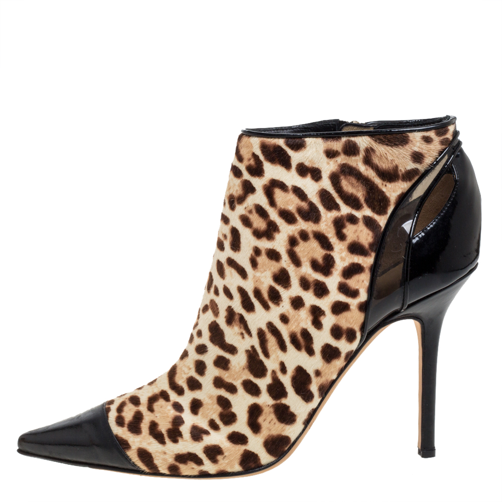 

Jimmy Choo Brown/Black Leopard Print Calf Hair and Patent Leather Cap Toe Ankle Booties Size