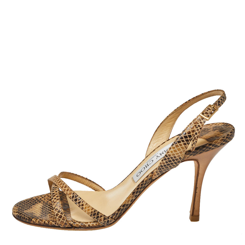 

Jimmy Choo Two Tone Embossed Python Leather Jag Cross Strap Slingback Sandals Size, Brown
