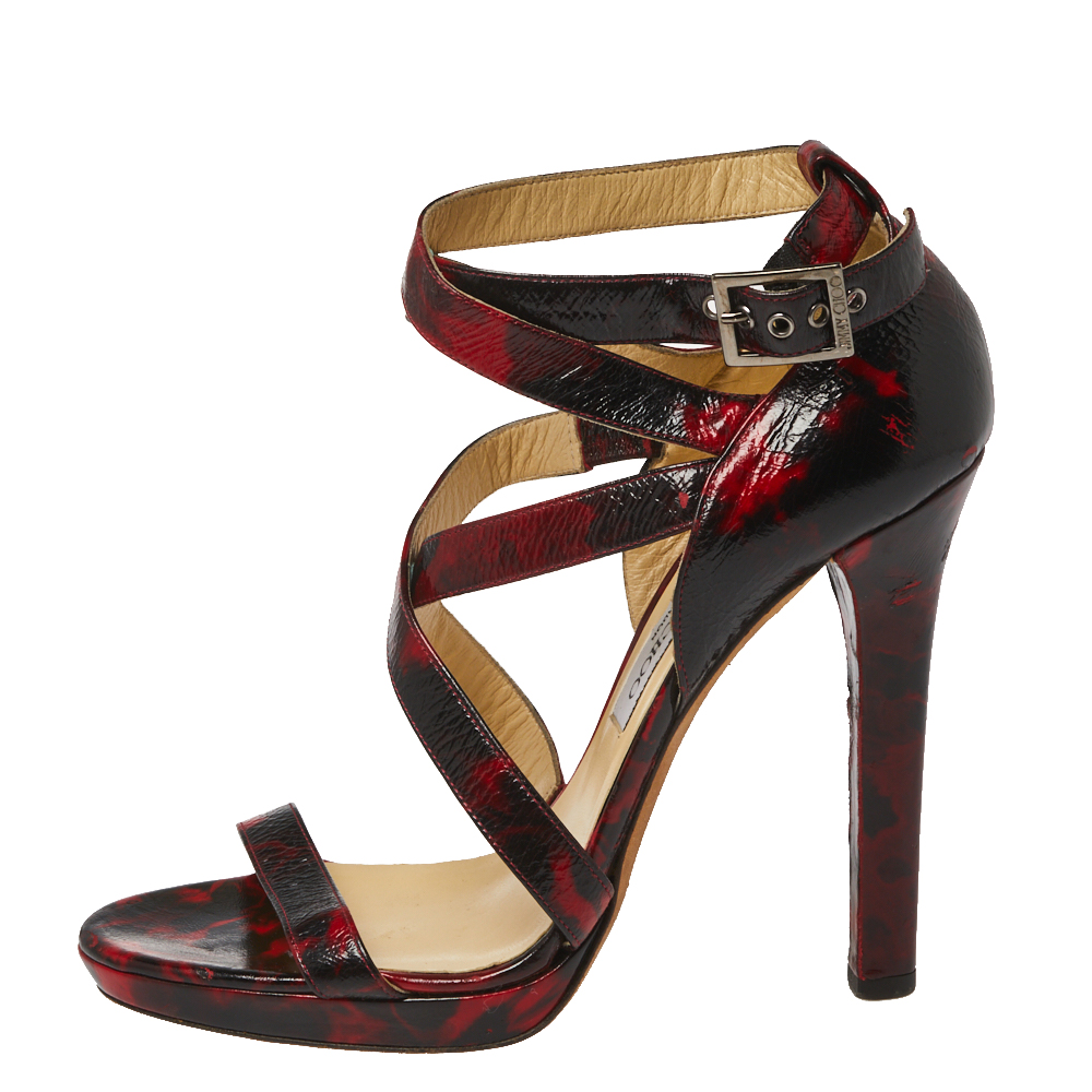 

Jimmy Choo Red/Black Abstract Print Patent Leather Double Cross Strap Sandals Size