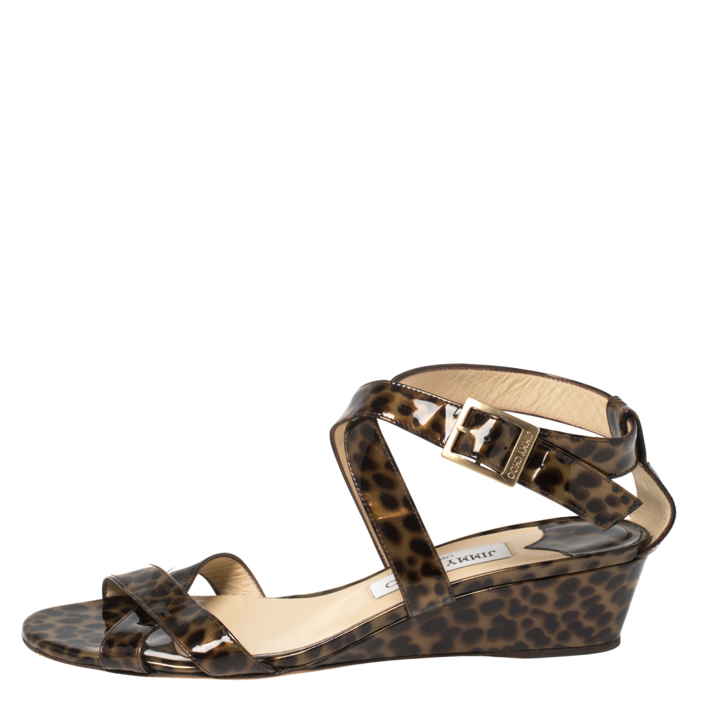 Jimmy Choo Two Tone Leopard Print Patent Leather Chiara Wedge Sandals Size, Brown