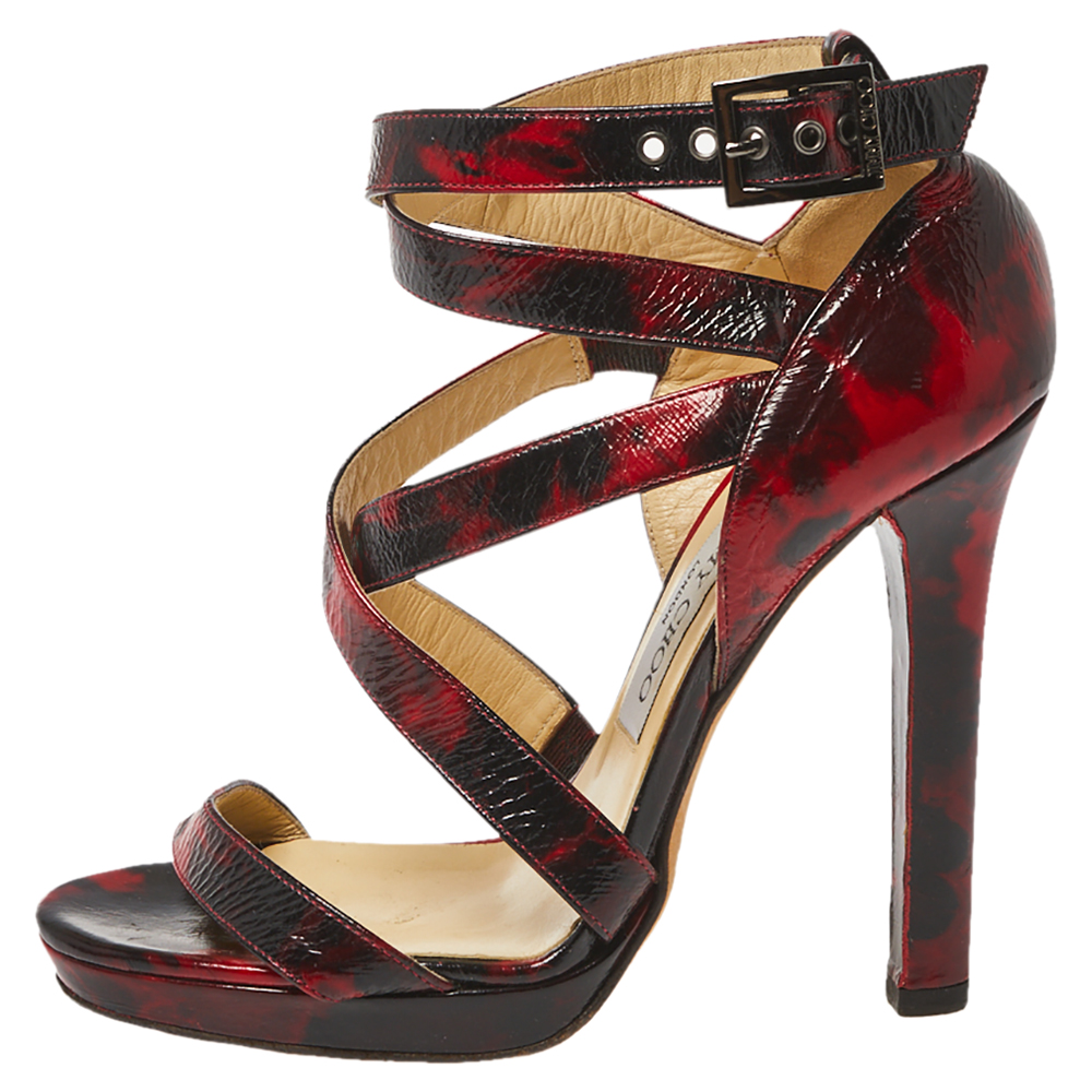jimmy Choo Red/Black Abstract Print Patent Leather Double Cross Strap Sandals Size