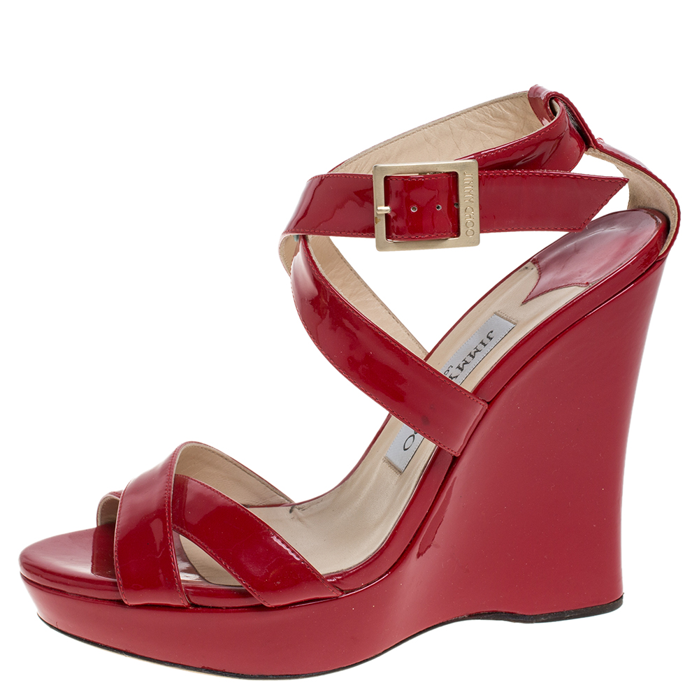 

Jimmy Choo Red Patent Leather Lucia Wedge Sandals Size