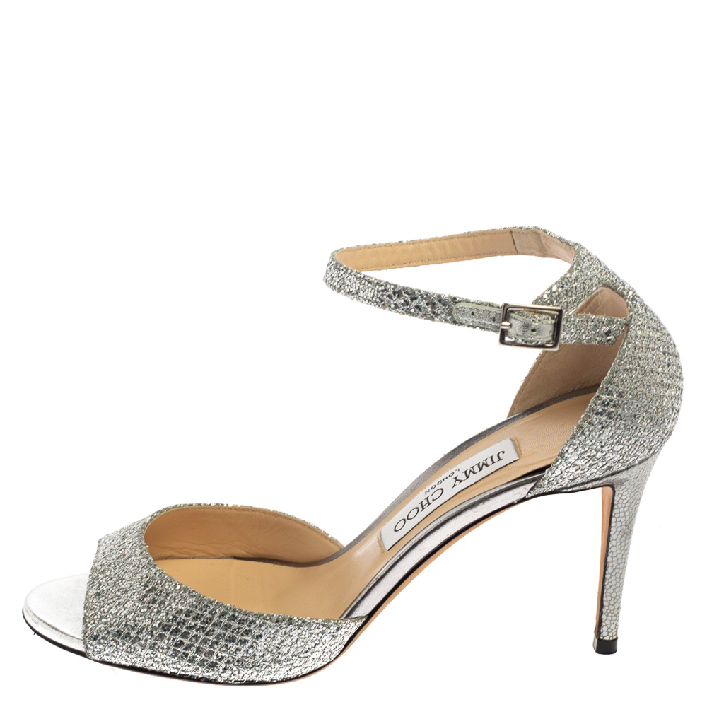 

Jimmy Choo Metallic Silver Glitter Fabric Annie Ankle Strap Sandals Size .5