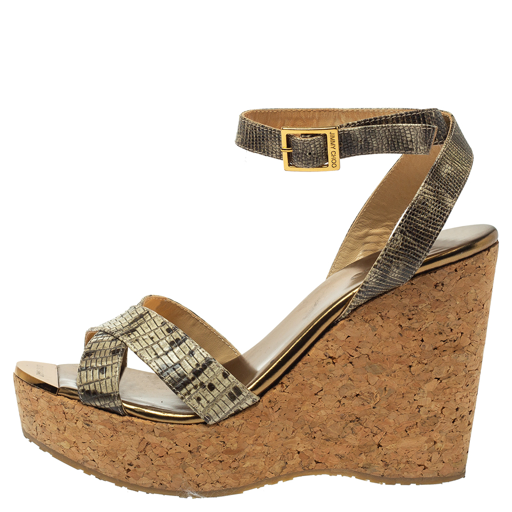 

Jimmy Choo Gold/Beige Lizard Embossed Leather Cork Wedge Platform Sandals Size