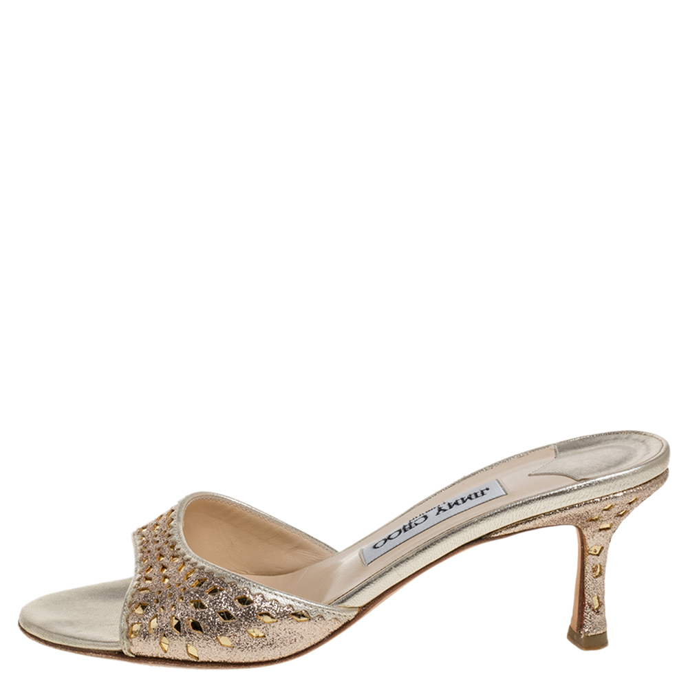 

Jimmy Choo Gold Glitter And Leather Laser Cut Slide Sandals Size