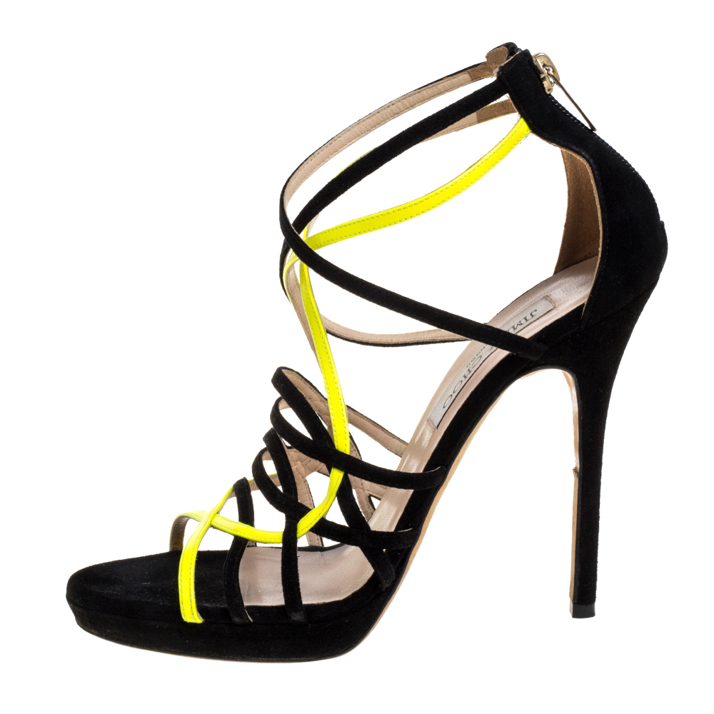

Jimmy Choo Yellow and Black Suede Myth Strappy Sandals Size