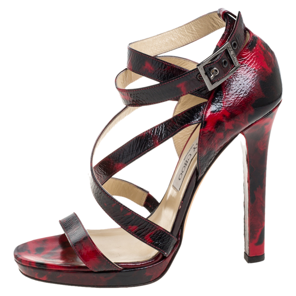 

Jimmy Choo Red/Black Tortoiseshell Patent Leather Criss Cross Sandals Size