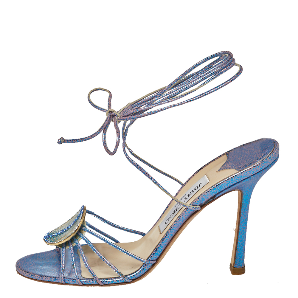 

Jimmy Choo Metallic Blue Cracked Leather Border Ankle Wrap Sandals Size