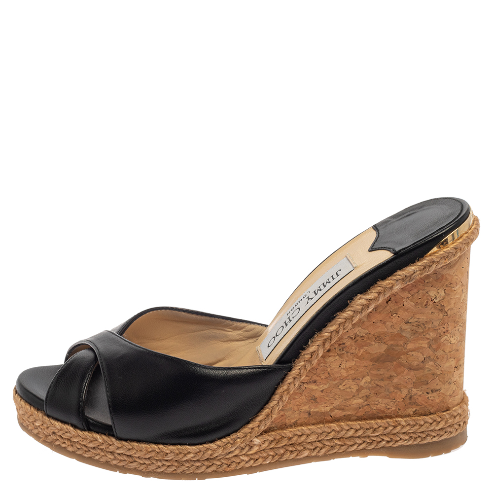 

Jimmy Choo Black Leather Wedge Platform Sandals Size