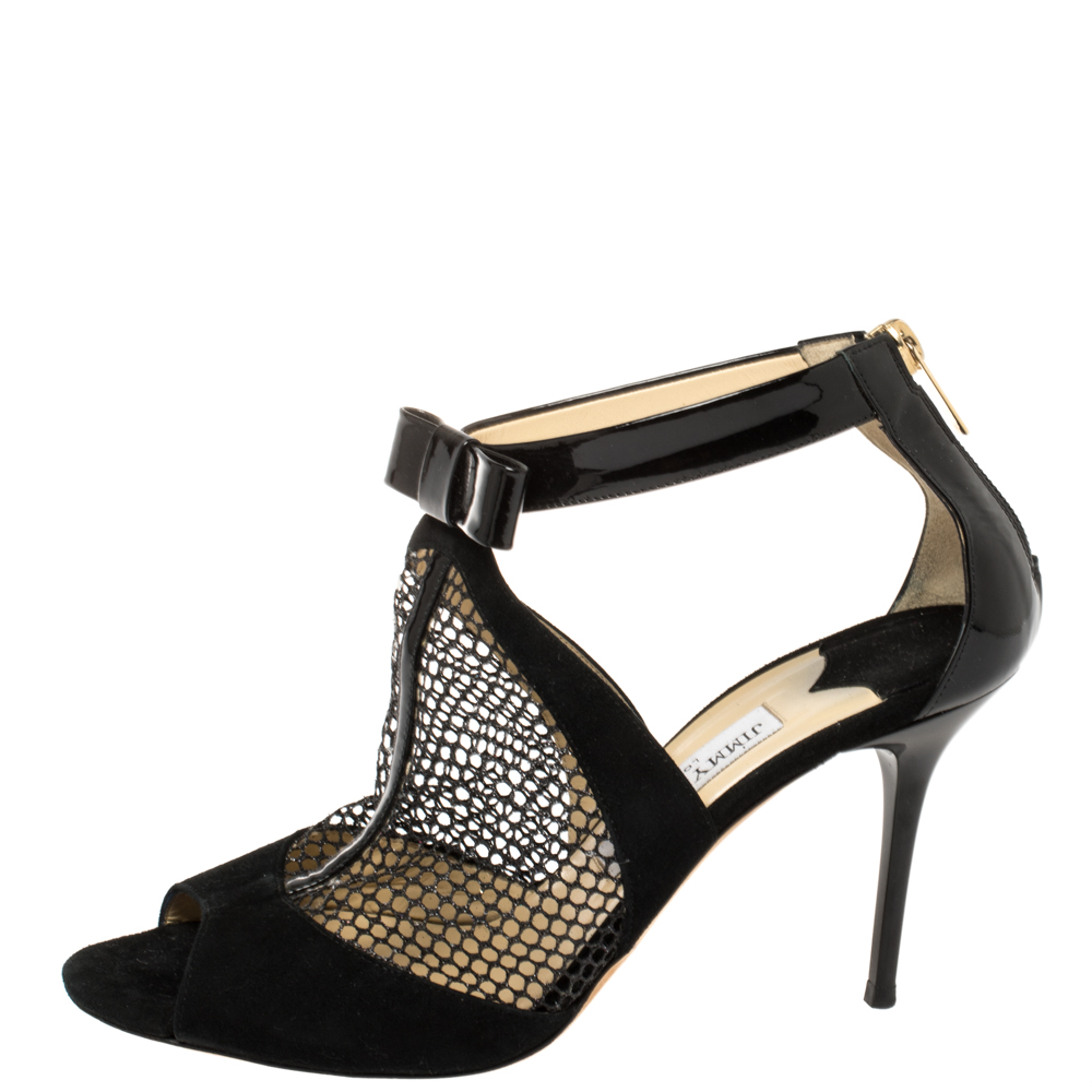 Jimmy Choo Black Suede/Patent Leather And Mesh Callie Sandals Size