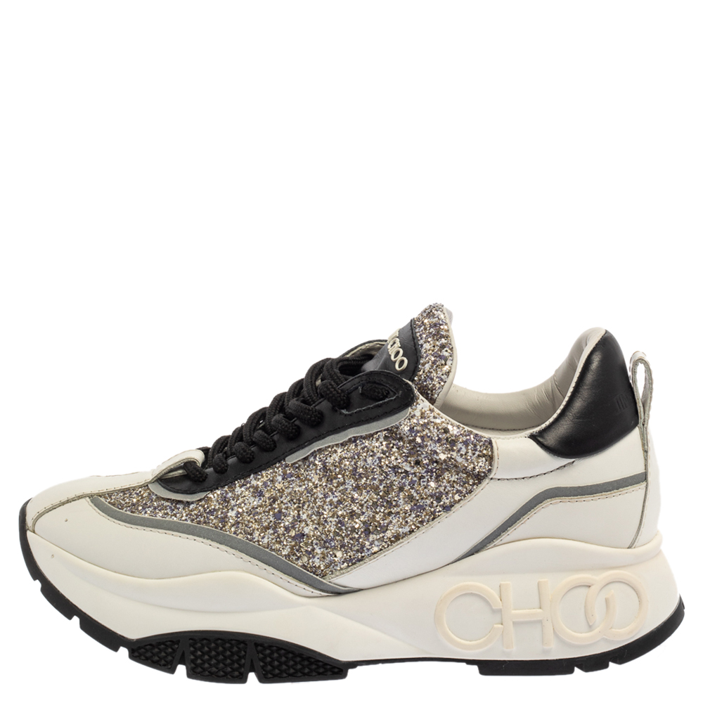 

Jimmy Choo White/Sliver Leather And Glitter Raine Low Top Sneakers Size