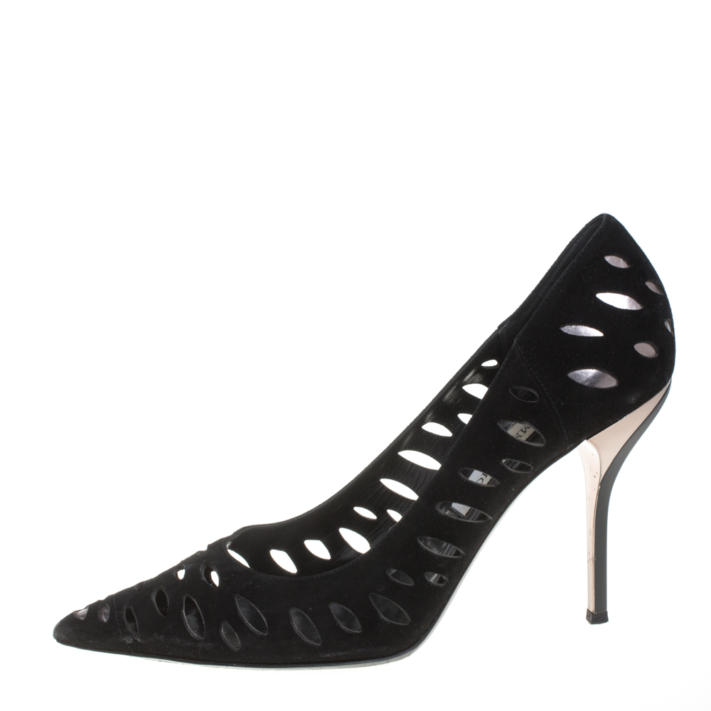 

Jimmy Choo Black Suede Lasercut Romy Pumps Size