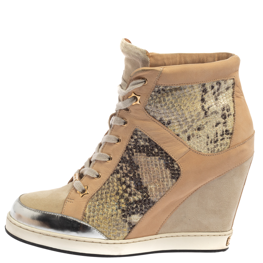 

Jimmy Choo Beige/Silver Suede, Nubuck And Python Embossed Leather Panama Wedge Sneakers Size, Multicolor
