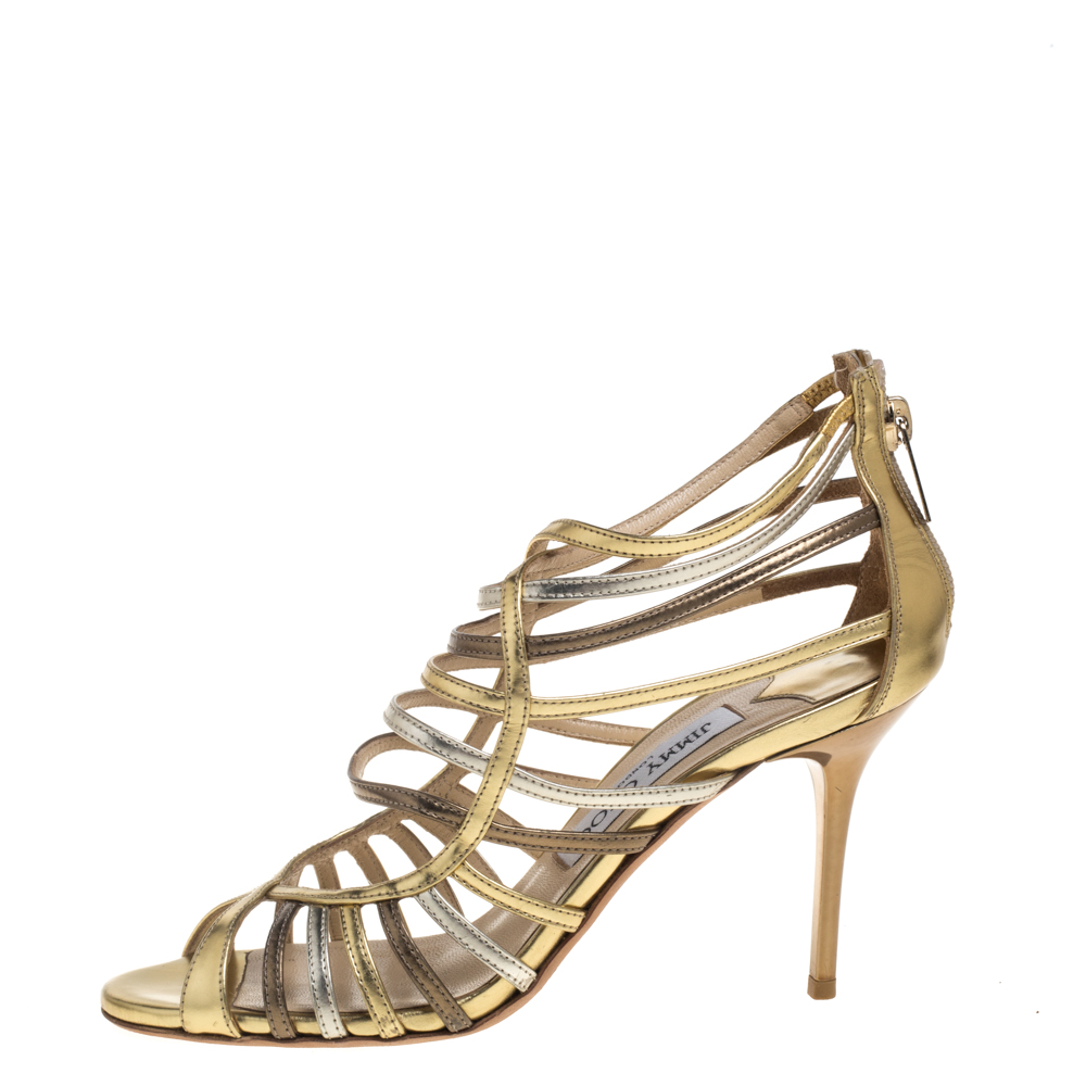 

Jimmy Choo Gold/Silver Leather Cage Sandals Size