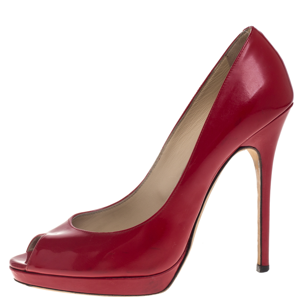 

Jimmy Choo Red Patent Leather Peep-Toe Pumps Size
