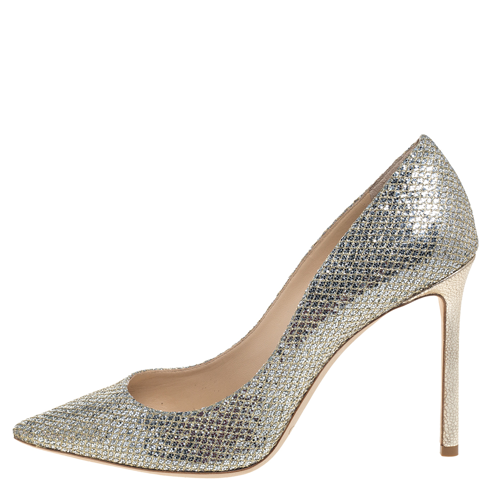 

Jimmy Choo Gold Glitter Romy Pointed Pumps Size