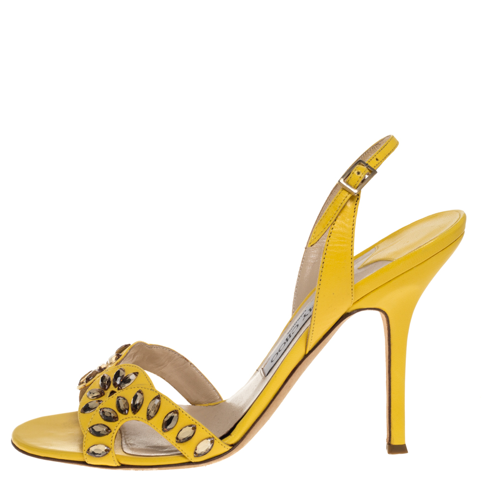 

Jimmy Choo Yellow Leather Crystal Embellished Slingback Sandals Size