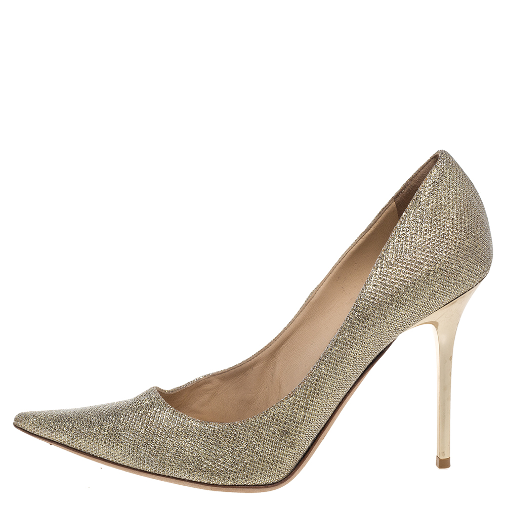 

Jimmy Choo Metallic Gold Glitter Fabric Romy Pointed Toe Pumps Size