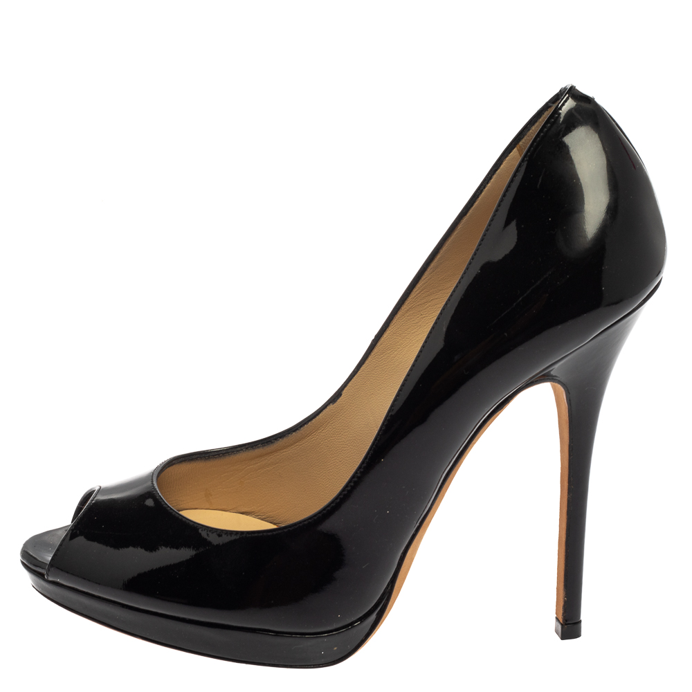 

Jimmy Choo Black Patent Crown Peep Toe Pumps Size