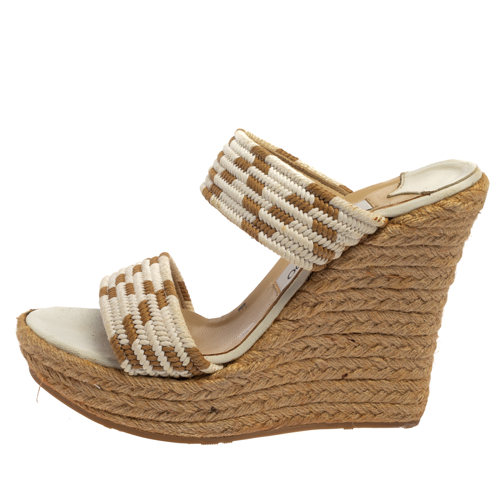 

Jimmy Choo White/Brown Cotton Blend Wedge Sandals Size