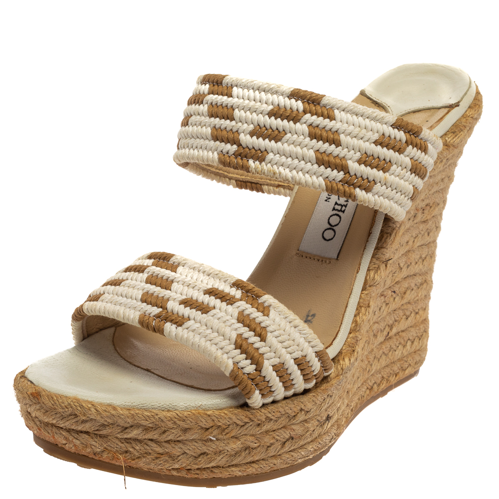 Pre-owned Jimmy Choo White/brown Cotton Blend Wedge Sandals Size 38