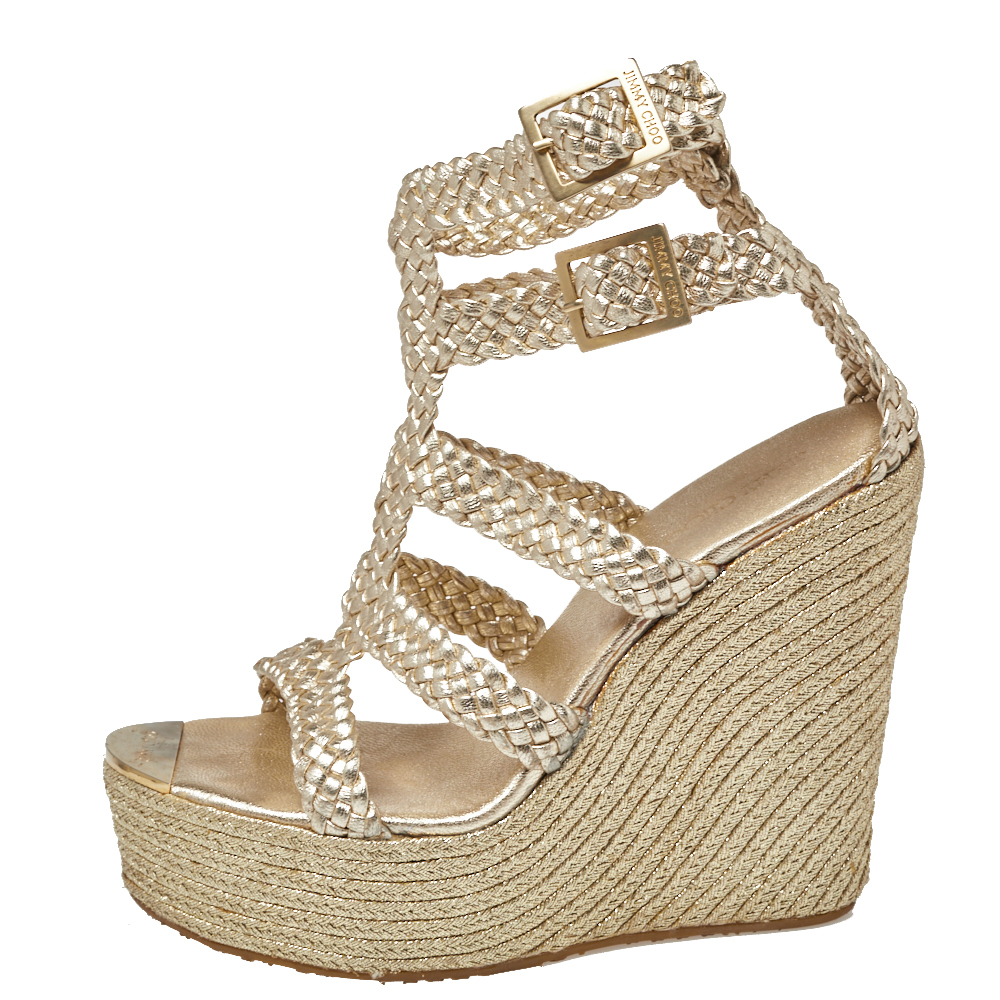 

Jimmy Choo Gold Parody Braided Leather Wedge Sandals Size