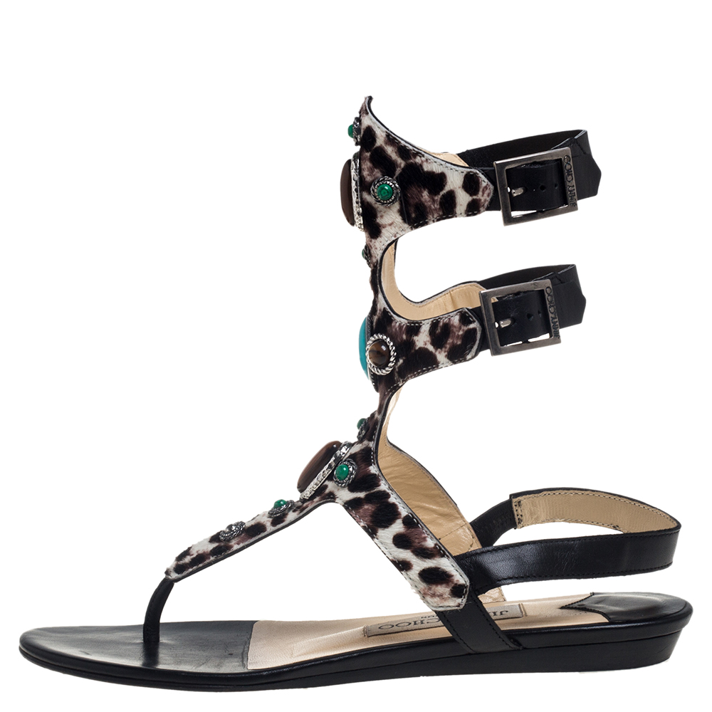 

Jimmy Choo Leopard Print Calf Hair And Black Leather Bliss Embellished Flat Sandals Size, Multicolor