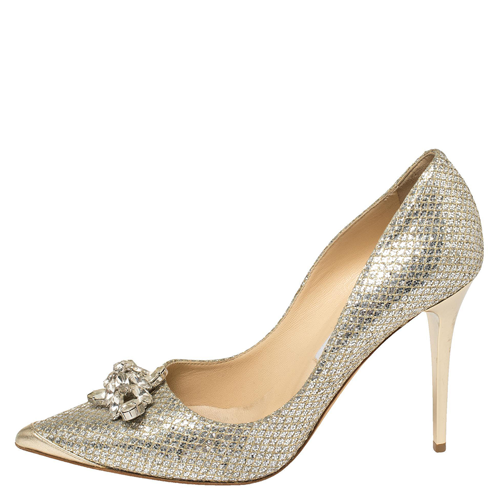 

Miu Miu Silver Glitter Crystal Embellished Pointed Toe Pumps Size, Grey