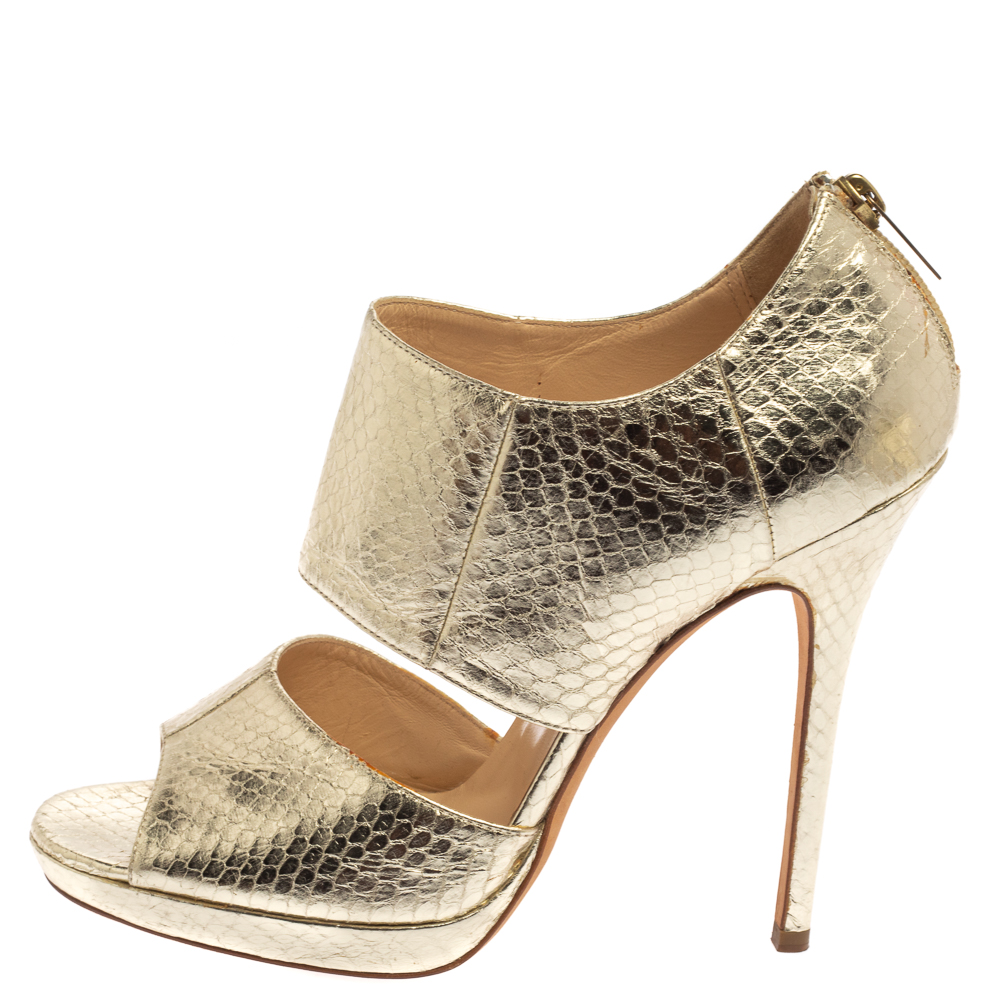 

Jimmy Choo Gold Python Embossed Leather Private Peep Toe Sandals Size