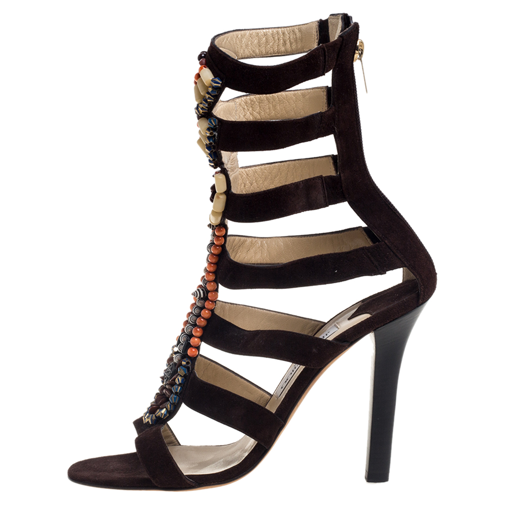 

Jimmy Choo Brown Suede Beaded Gladiator Sandals Size